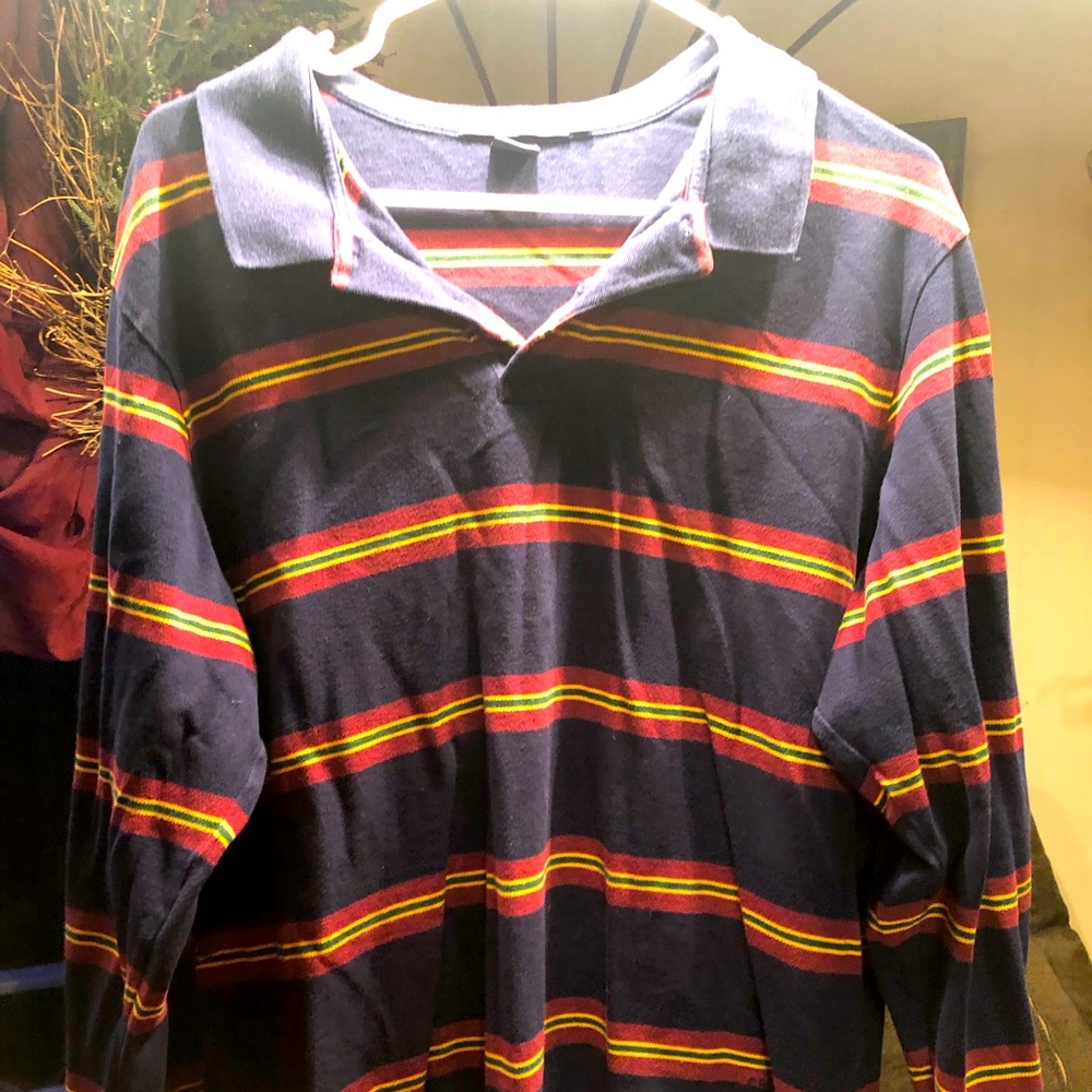 Daniel Cremieux long sleeve polo XL blue with red, yellow horizontal stripes.